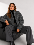Herringbone Textured Bomber Jacket with High Neck
