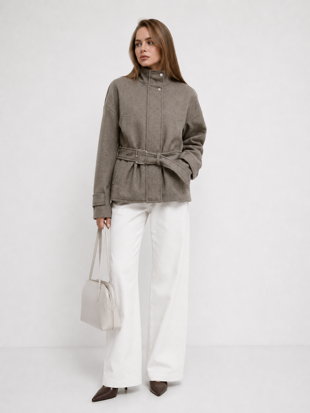 Belted High-Neck Wool Blend Jacket