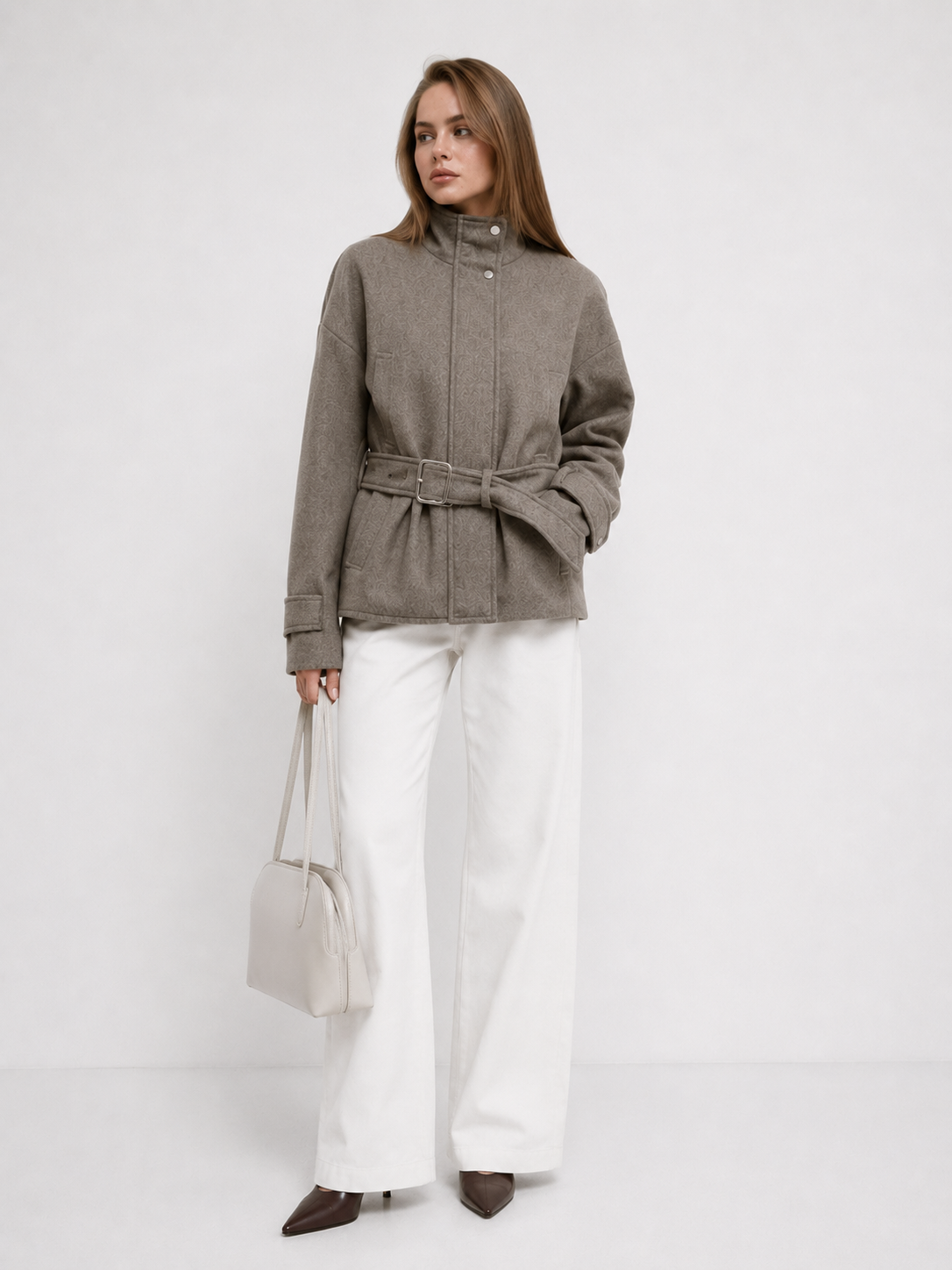 Belted High-Neck Wool Blend Jacket