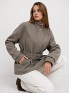 Belted High-Neck Wool Blend Jacket