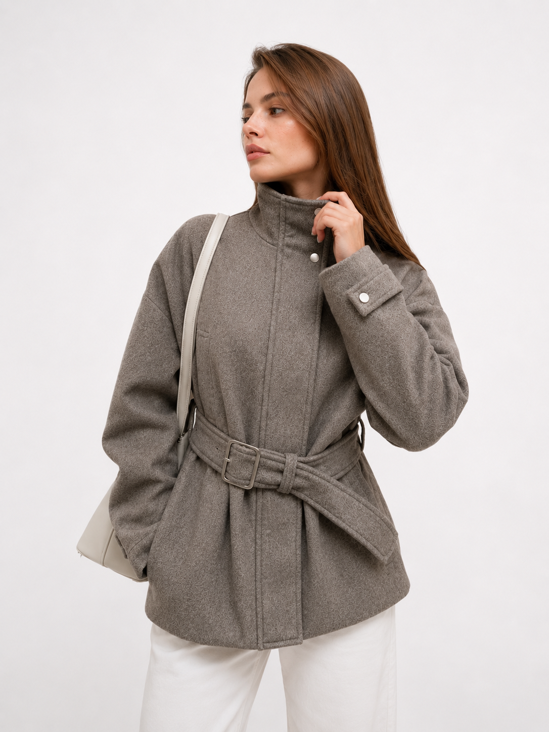 Belted High-Neck Wool Blend Jacket