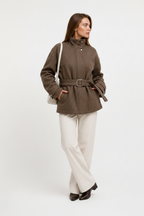 Belted High-Neck Wool Blend Jacket