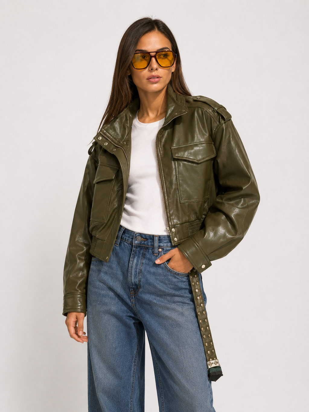 Cropped Faux-Leather Utility Bomber in Olive