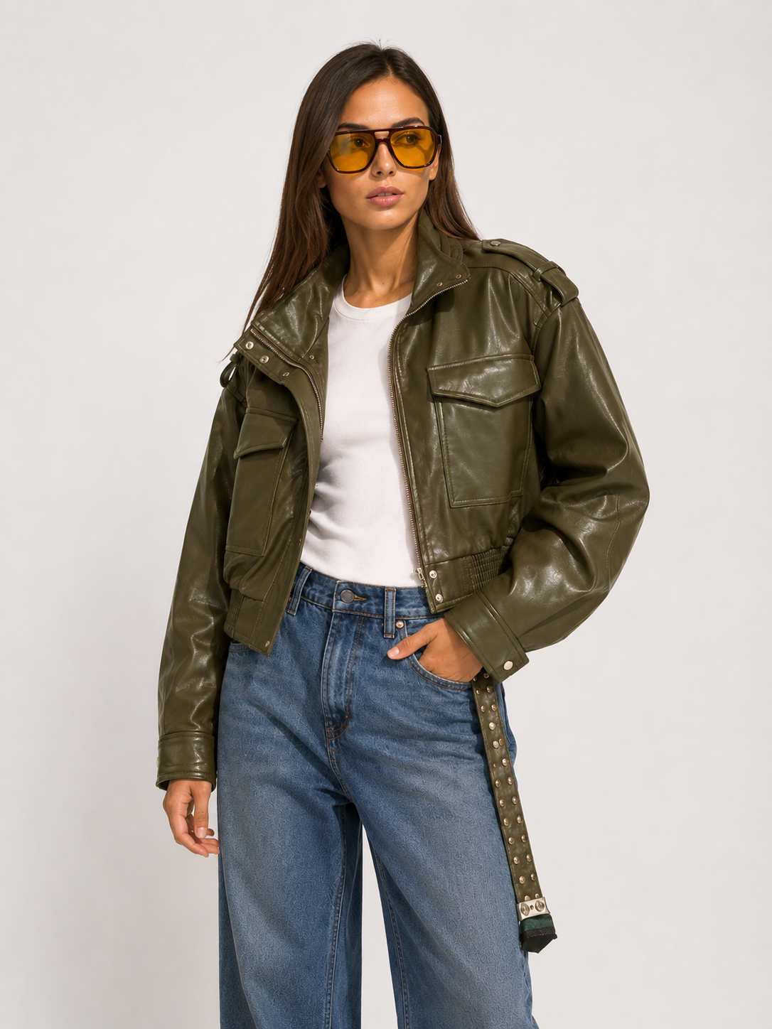 Cropped Faux-Leather Utility Bomber in Olive