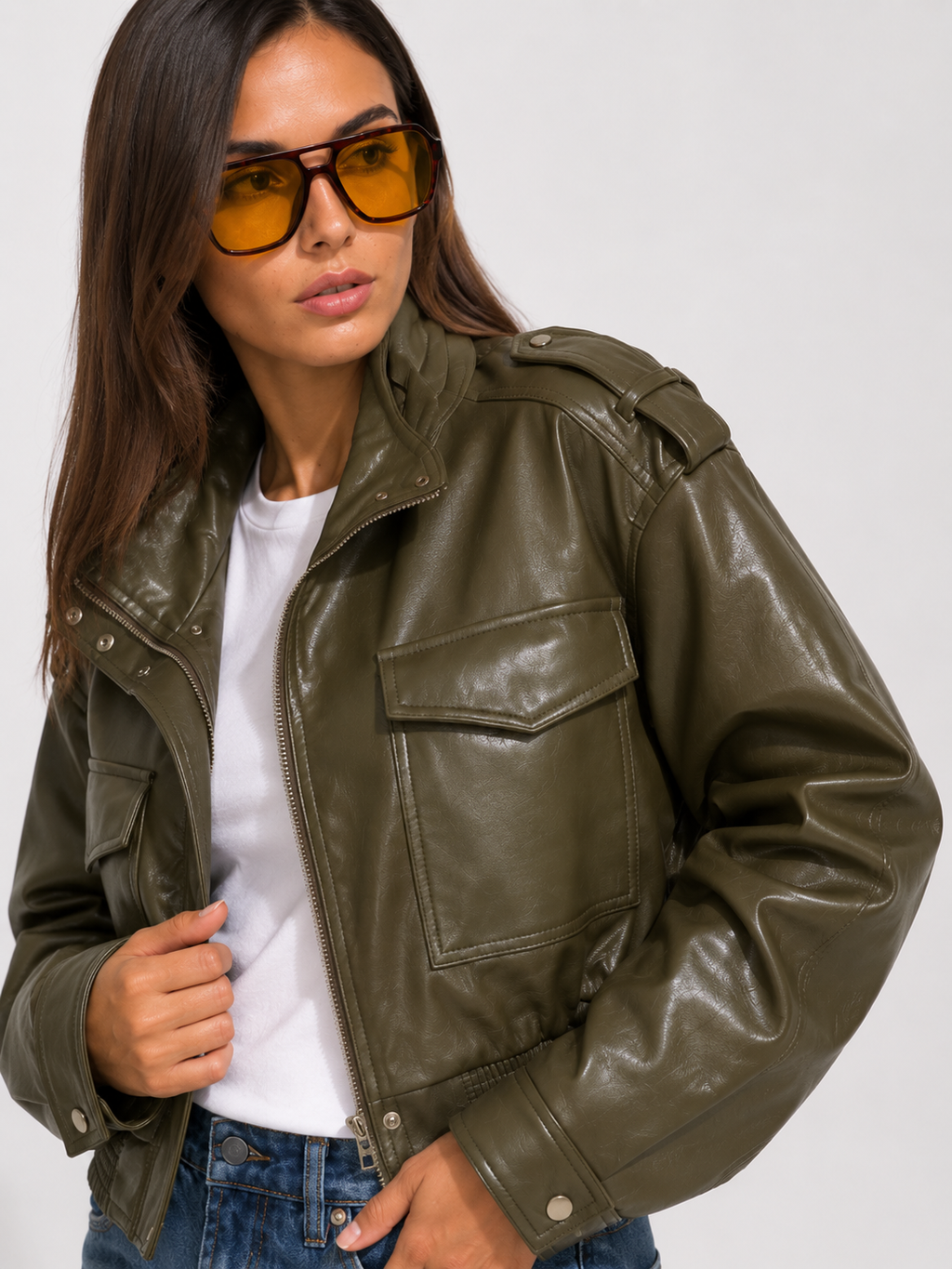 Cropped Faux-Leather Utility Bomber in Olive
