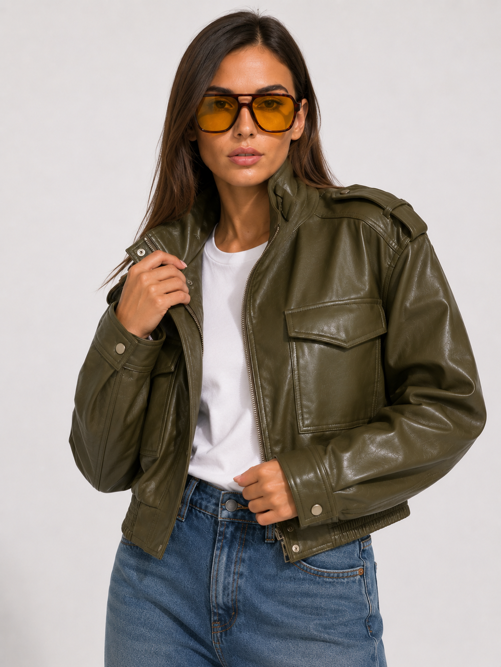 Cropped Faux-Leather Utility Bomber in Olive