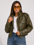 Cropped Faux-Leather Utility Bomber in Olive
