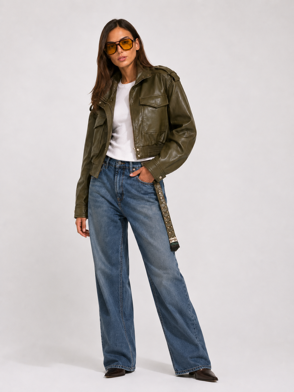 Cropped Faux-Leather Utility Bomber in Olive
