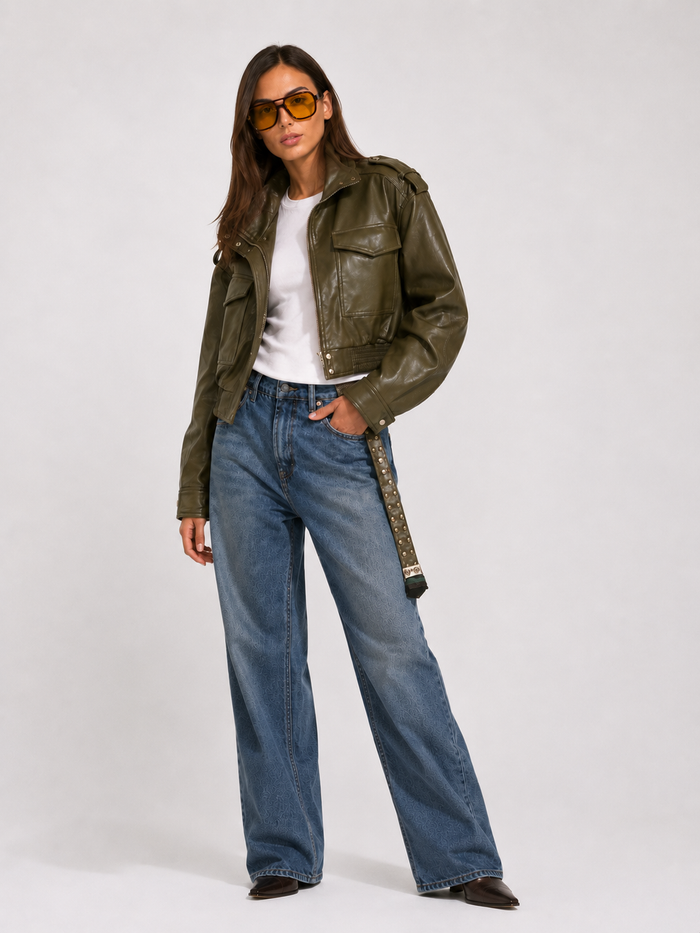 Cropped Faux-Leather Utility Bomber in Olive