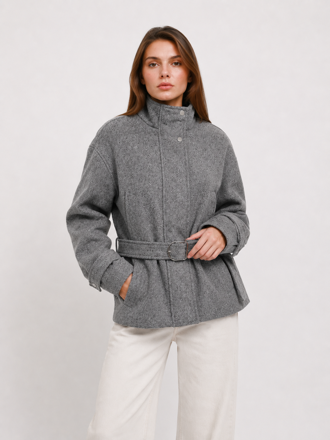 Belted High-Neck Wool Blend Jacket