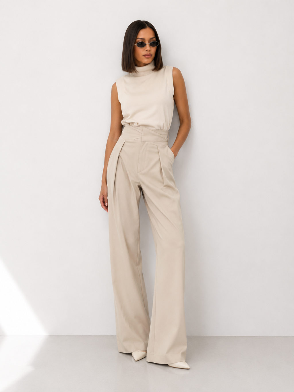 High-Waisted Draped Barrel-Leg Trousers