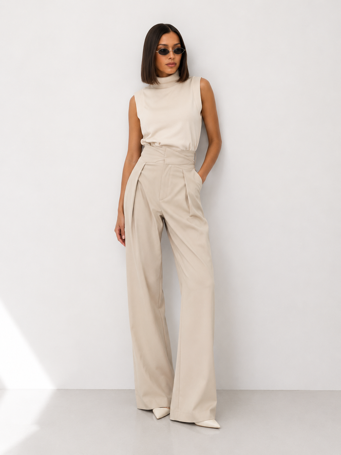 High-Waisted Draped Barrel-Leg Trousers