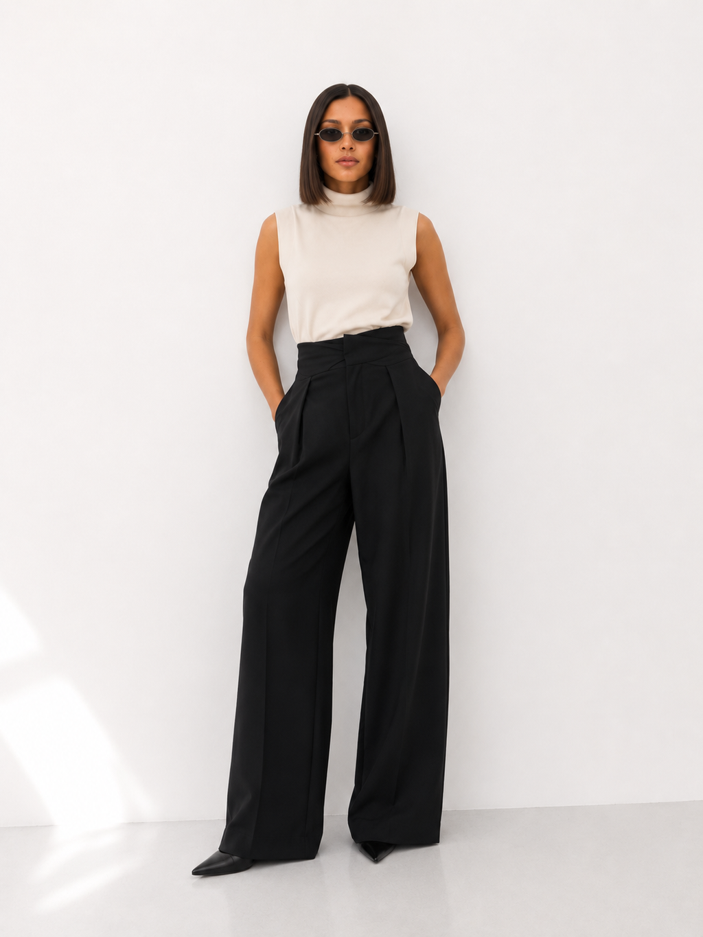 High-Waisted Draped Barrel-Leg Trousers