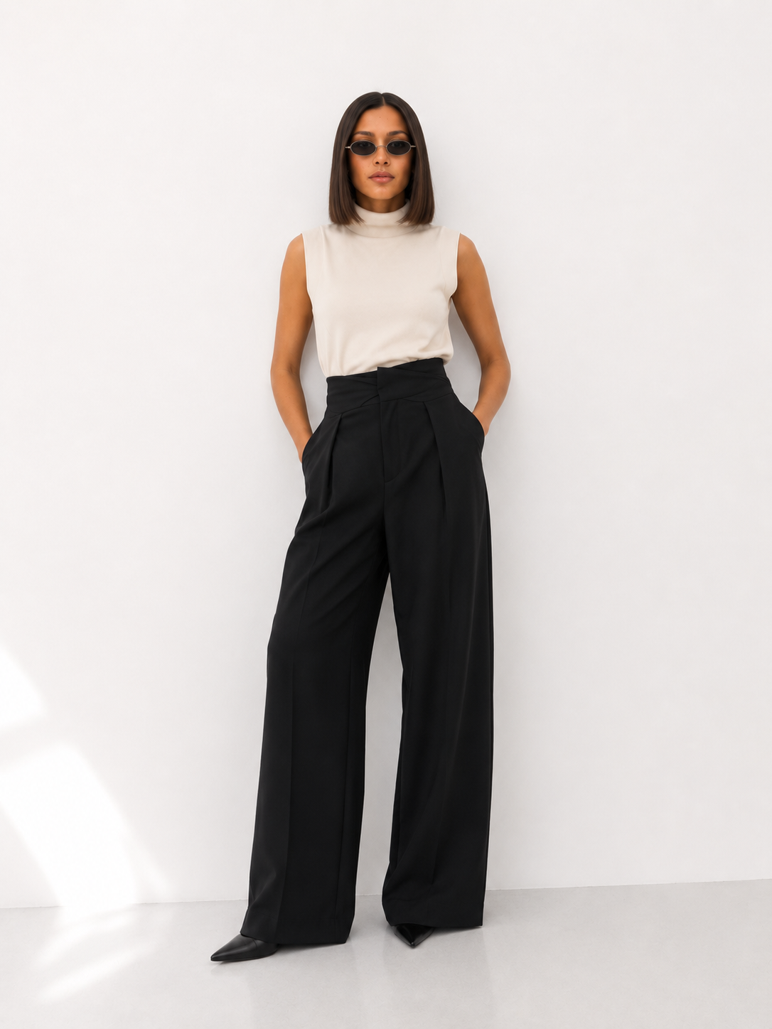 High-Waisted Draped Barrel-Leg Trousers