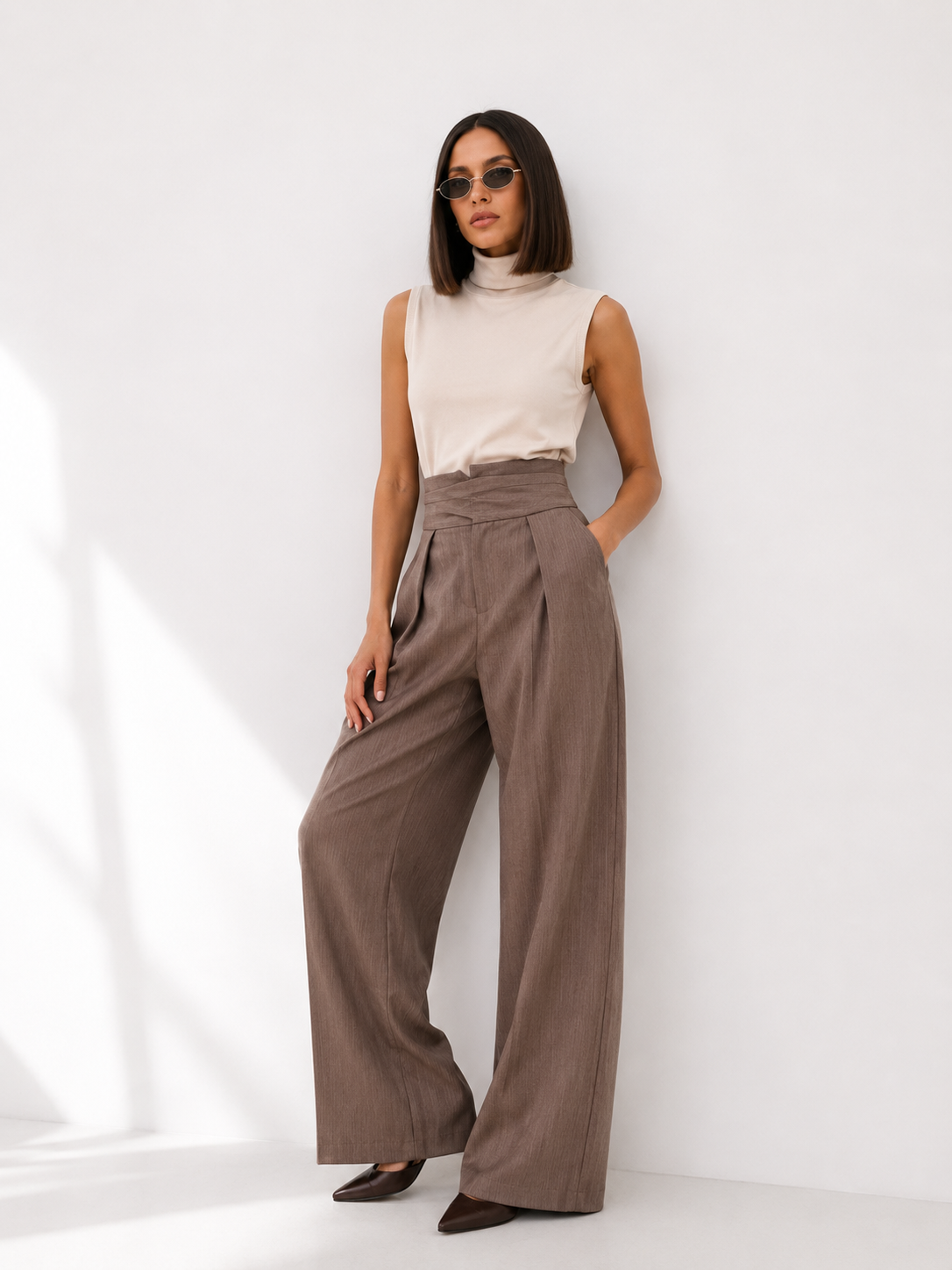 High-Waisted Draped Barrel-Leg Trousers
