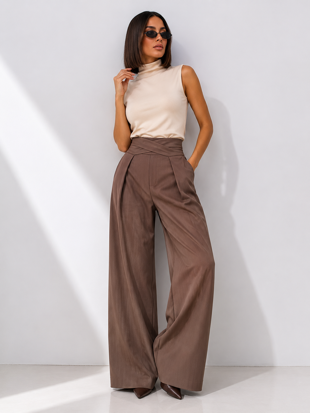 High-Waisted Draped Barrel-Leg Trousers