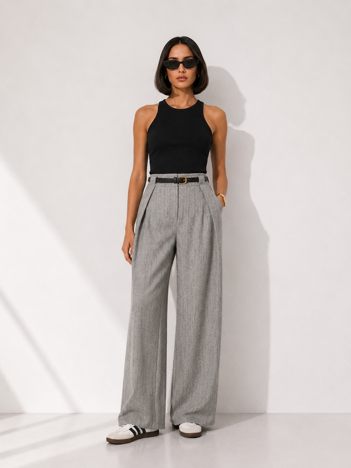 Belted Pinstripe Wide-Leg Trousers