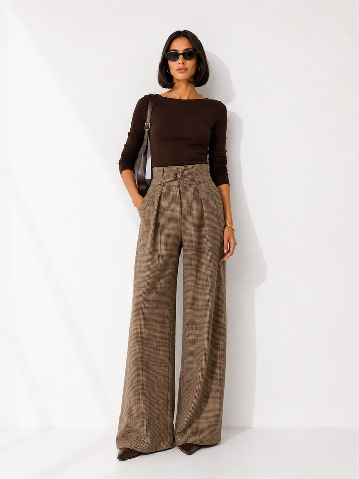 High-Waisted Checked Wide-Leg Trousers