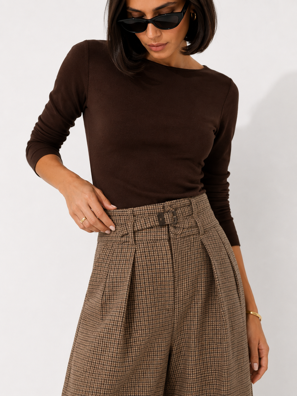High-Waisted Checked Wide-Leg Trousers