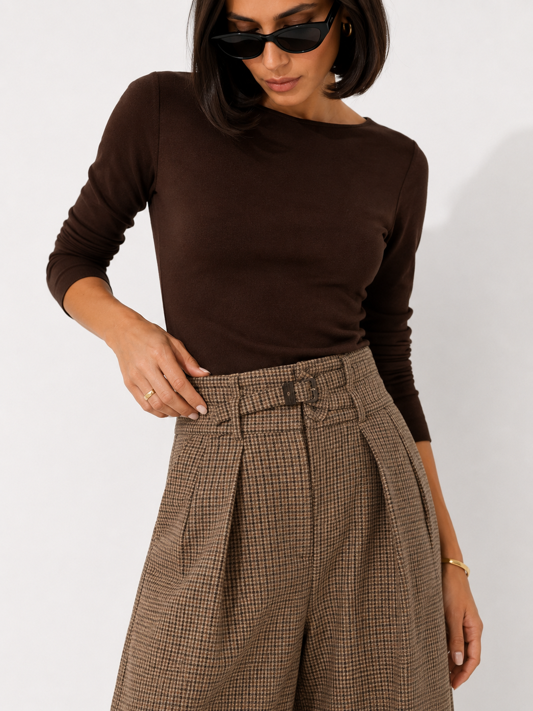 High-Waisted Checked Wide-Leg Trousers