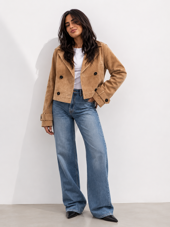 Cropped Suede-Effect Double-Breasted Jacket