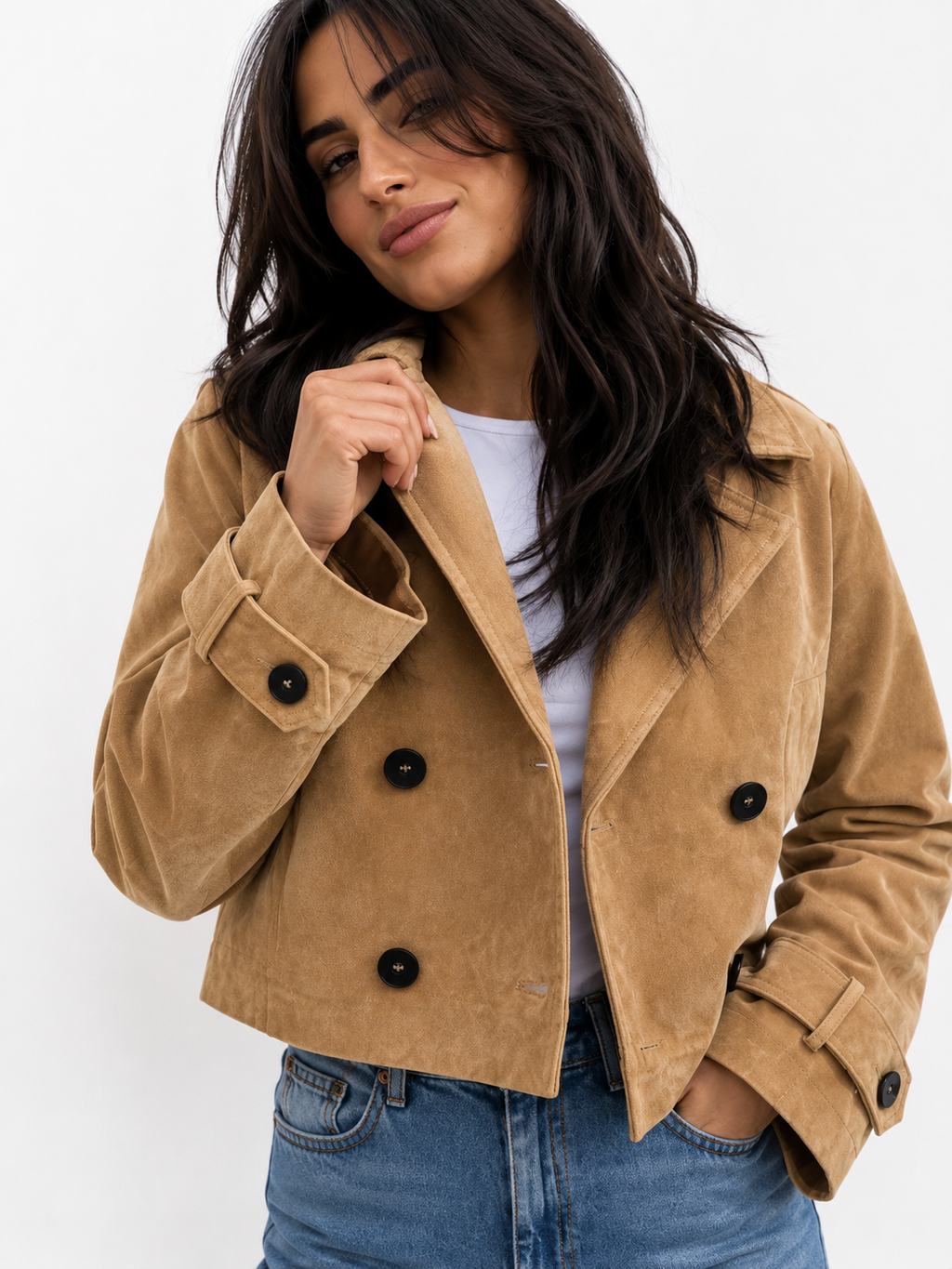 Cropped Suede-Effect Double-Breasted Jacket