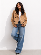 Cropped Suede-Effect Double-Breasted Jacket