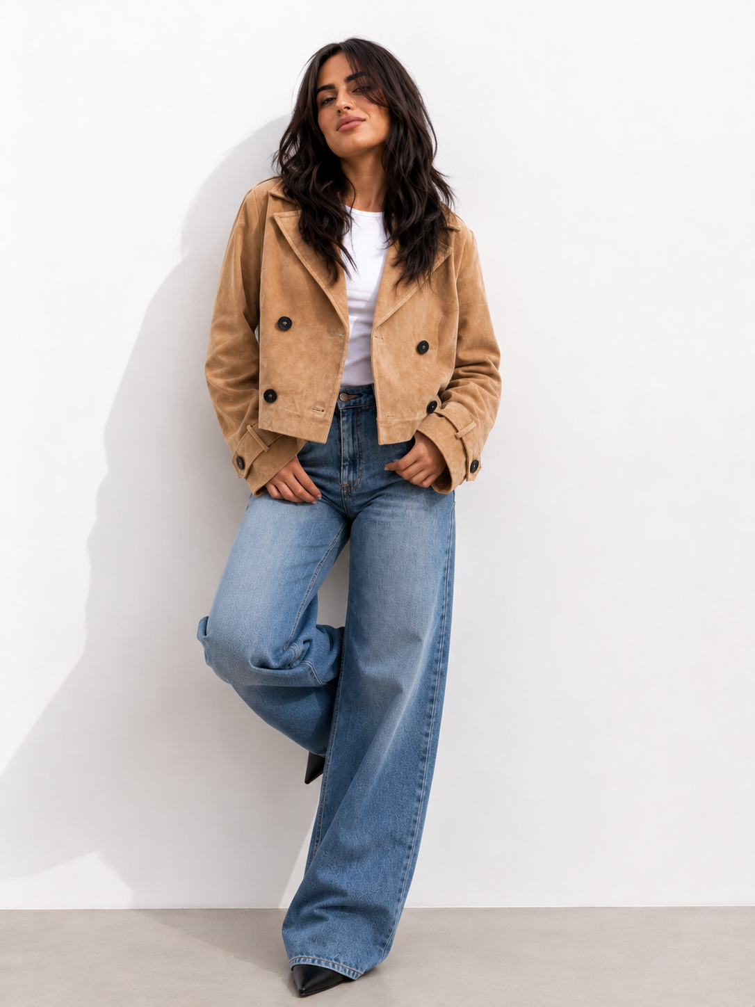 Cropped Suede-Effect Double-Breasted Jacket