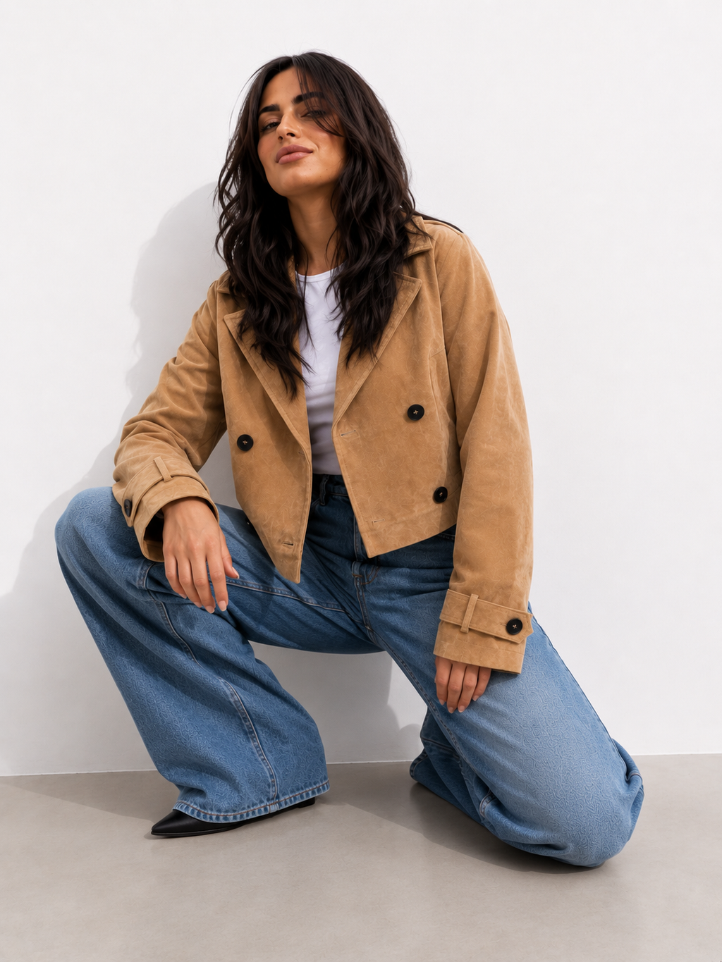 Cropped Suede-Effect Double-Breasted Jacket
