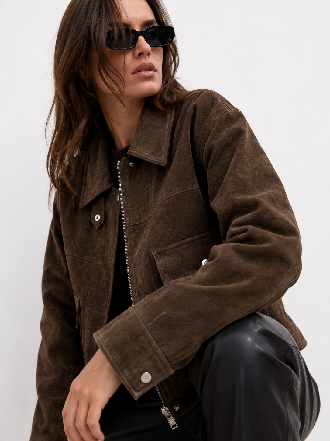 Cropped Utility Suede-Effect Jacket
