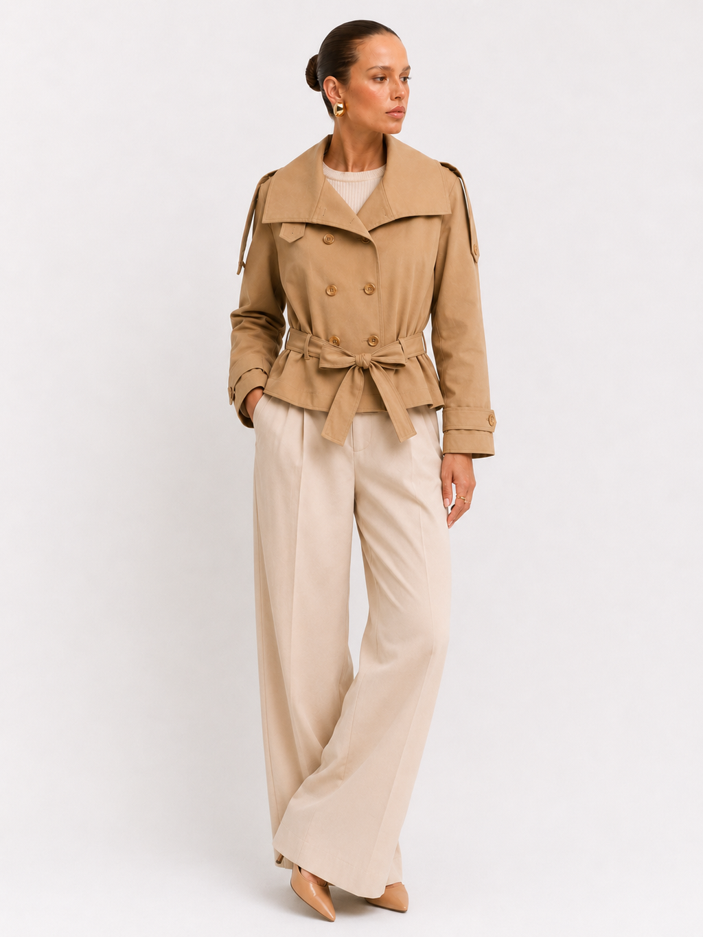 Short Double-Breasted Trench Jacket with Belt