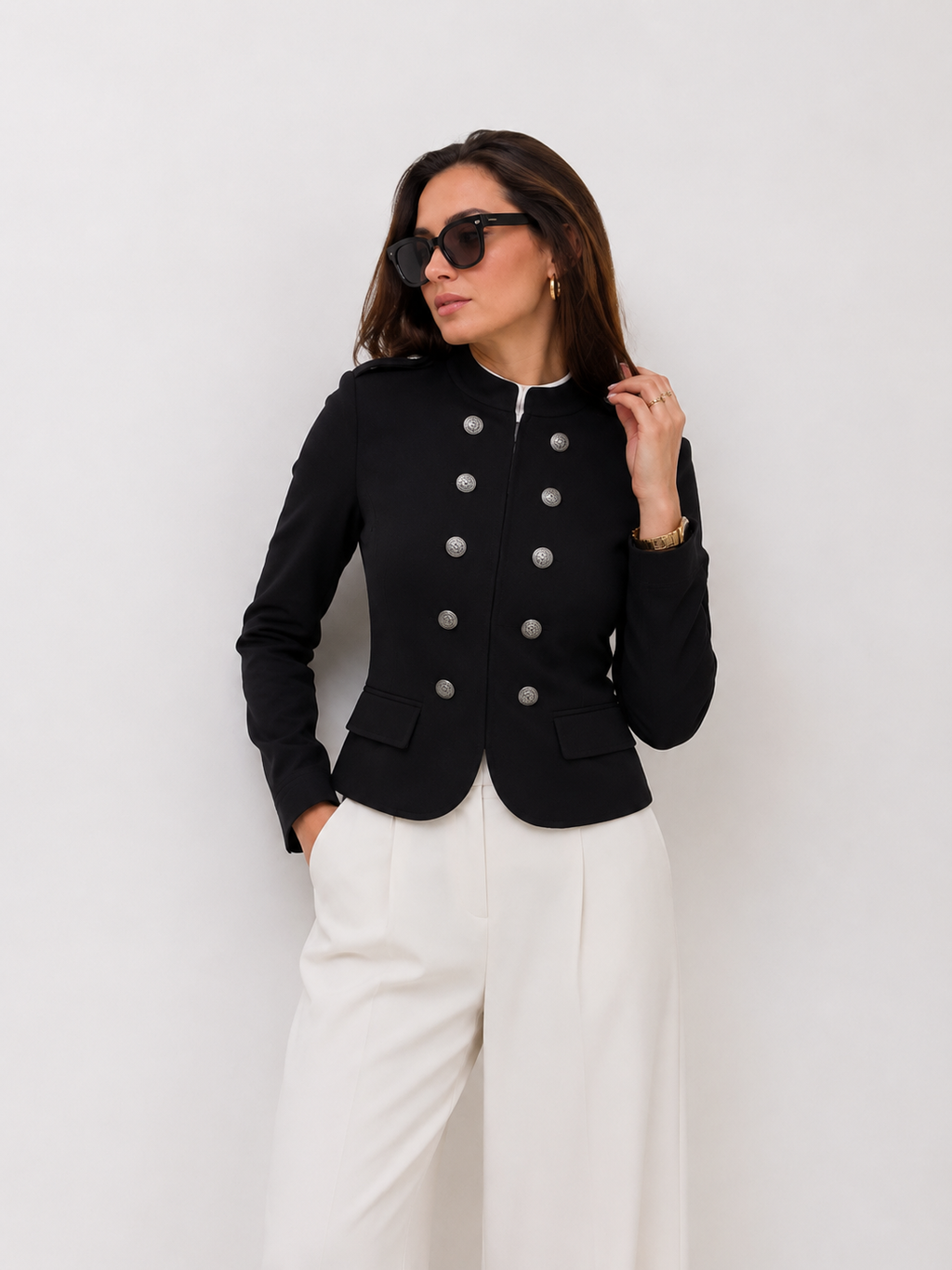 Cropped Double-Breasted Jewel-Button Blazer