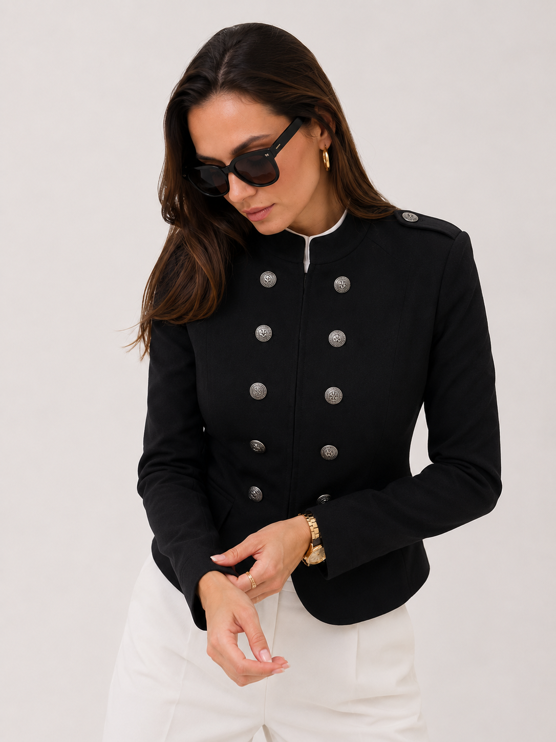 Cropped Double-Breasted Jewel-Button Blazer