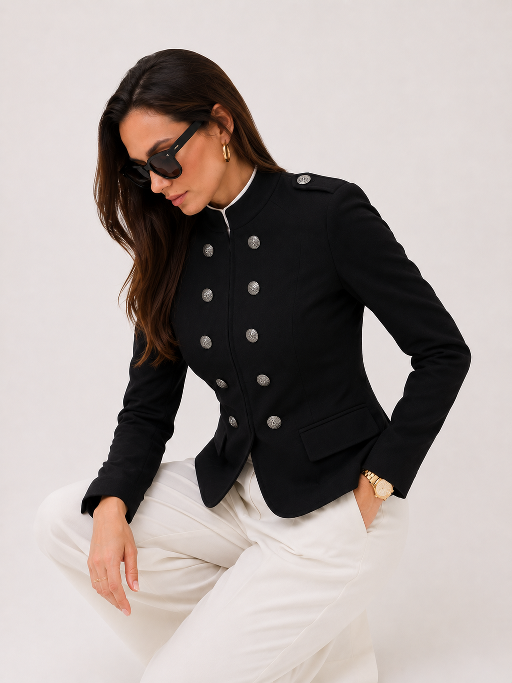 Cropped Double-Breasted Jewel-Button Blazer