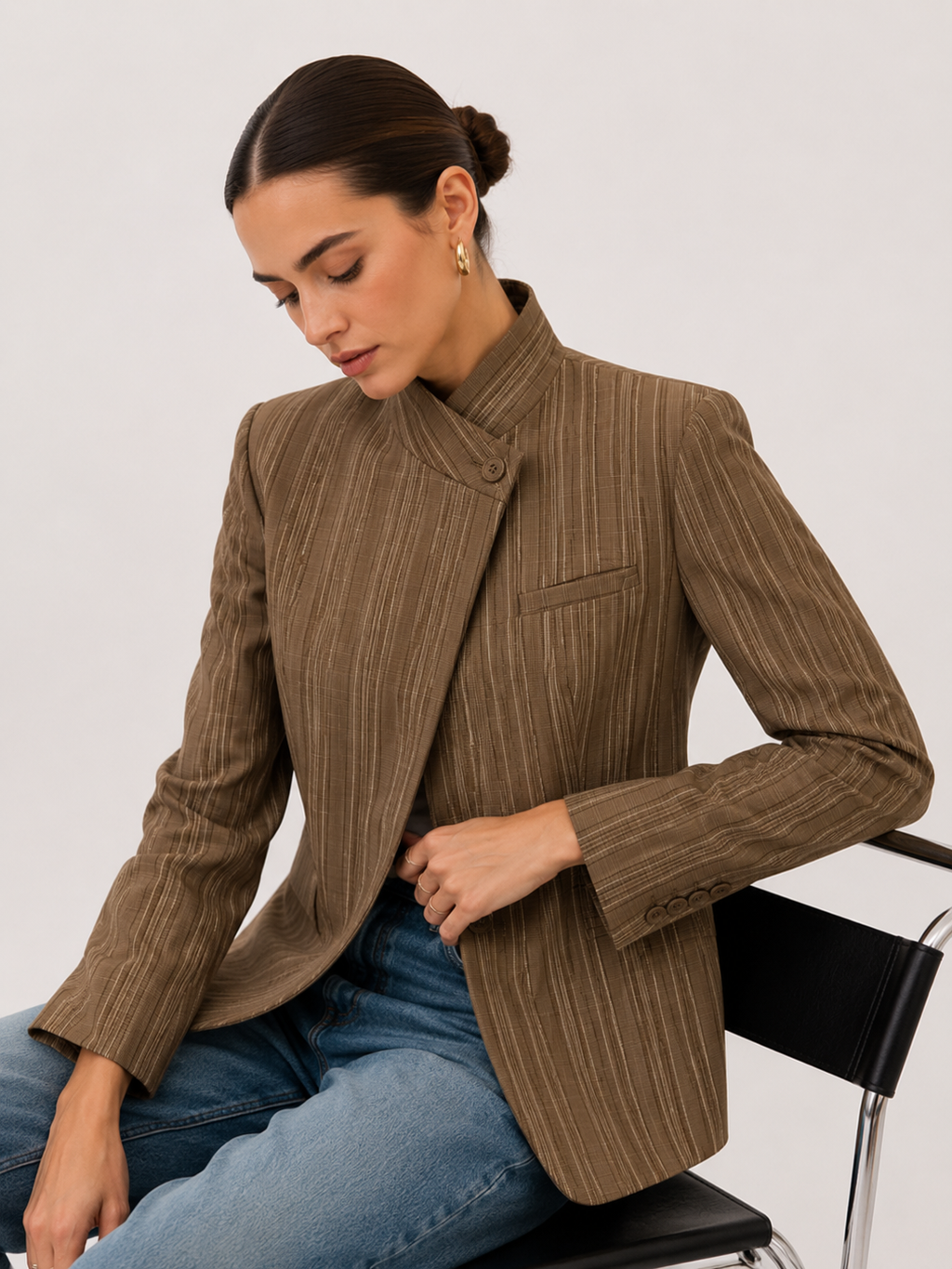 Pinstripe Cape-Shoulder Blazer