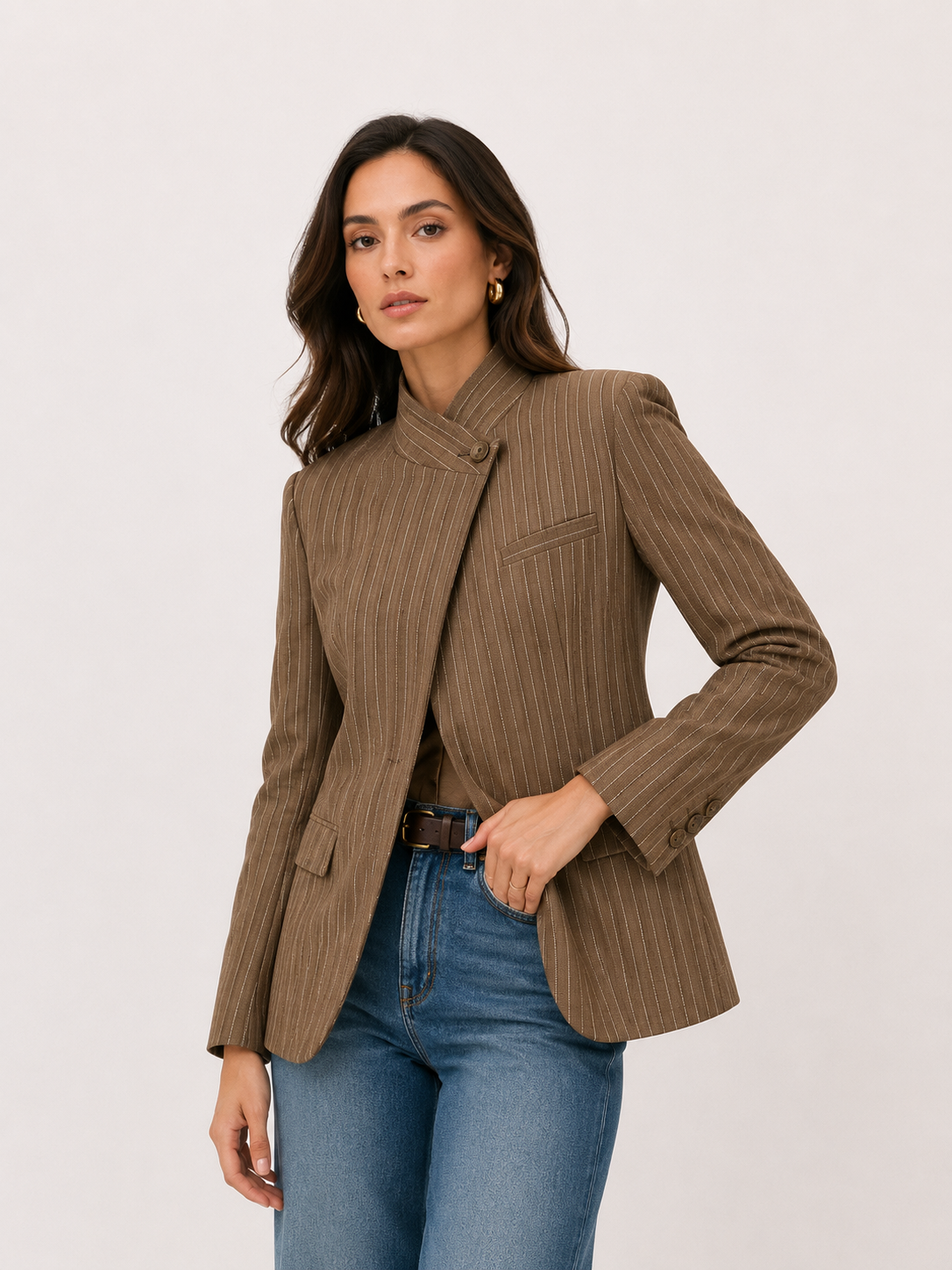 Pinstripe Cape-Shoulder Blazer
