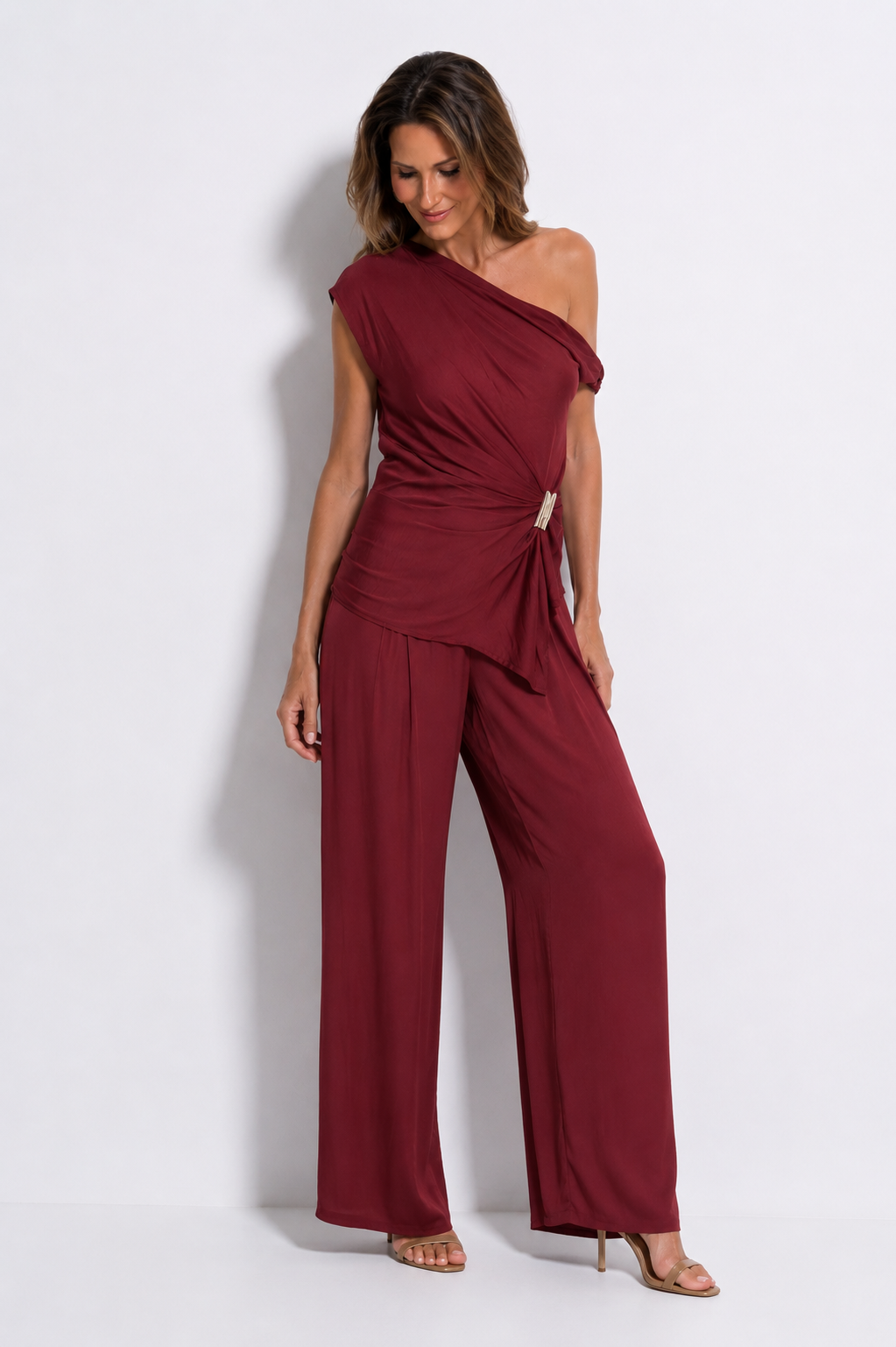 Draped Buckle One-Shoulder Co-ord Set