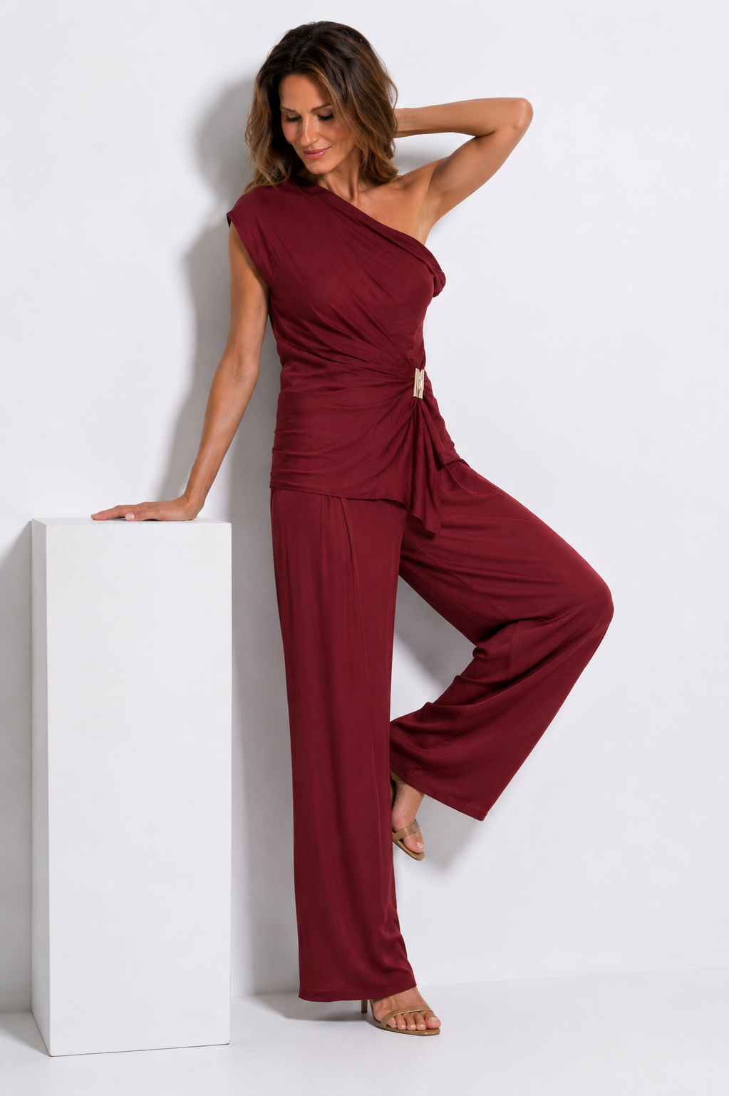 Draped Buckle One-Shoulder Co-ord Set