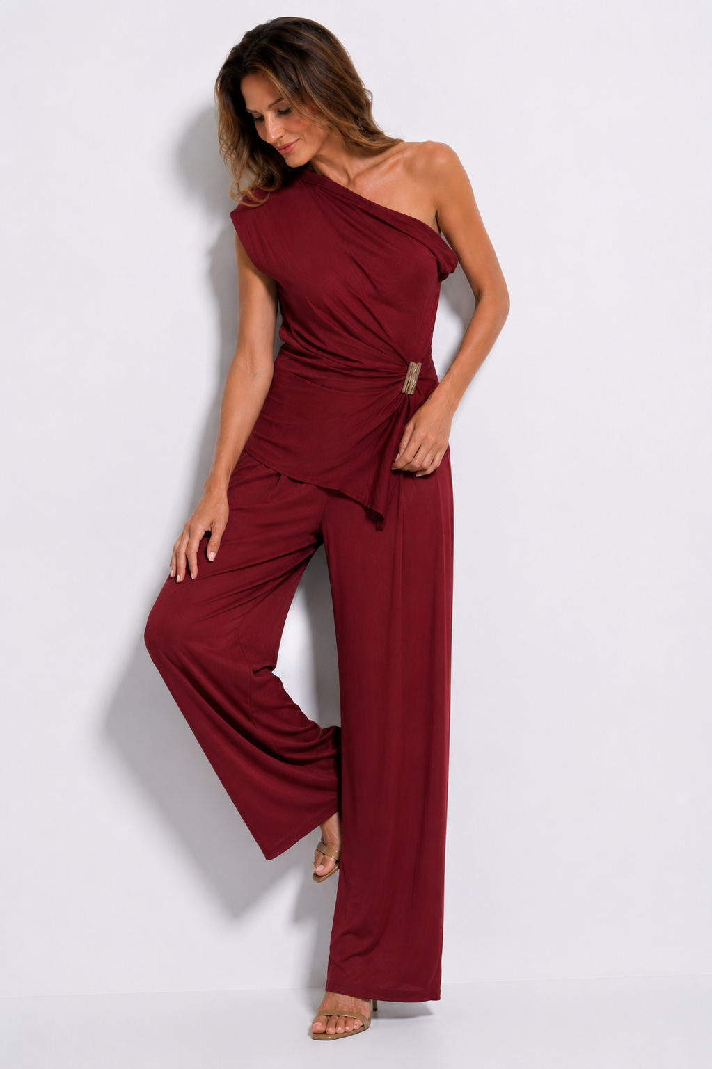 Draped Buckle One-Shoulder Co-ord Set