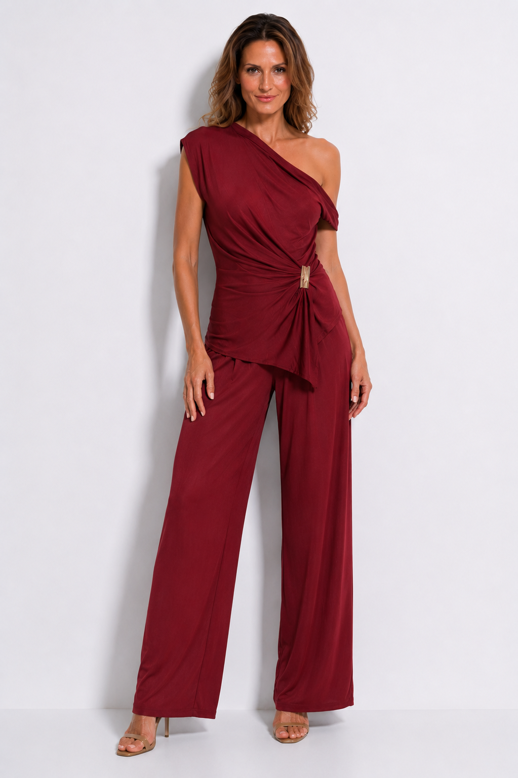 Draped Buckle One-Shoulder Co-ord Set