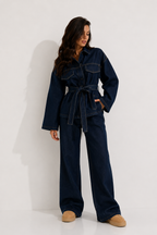 Belted Denim Safari Jacket and Wide-Leg Trouser Set