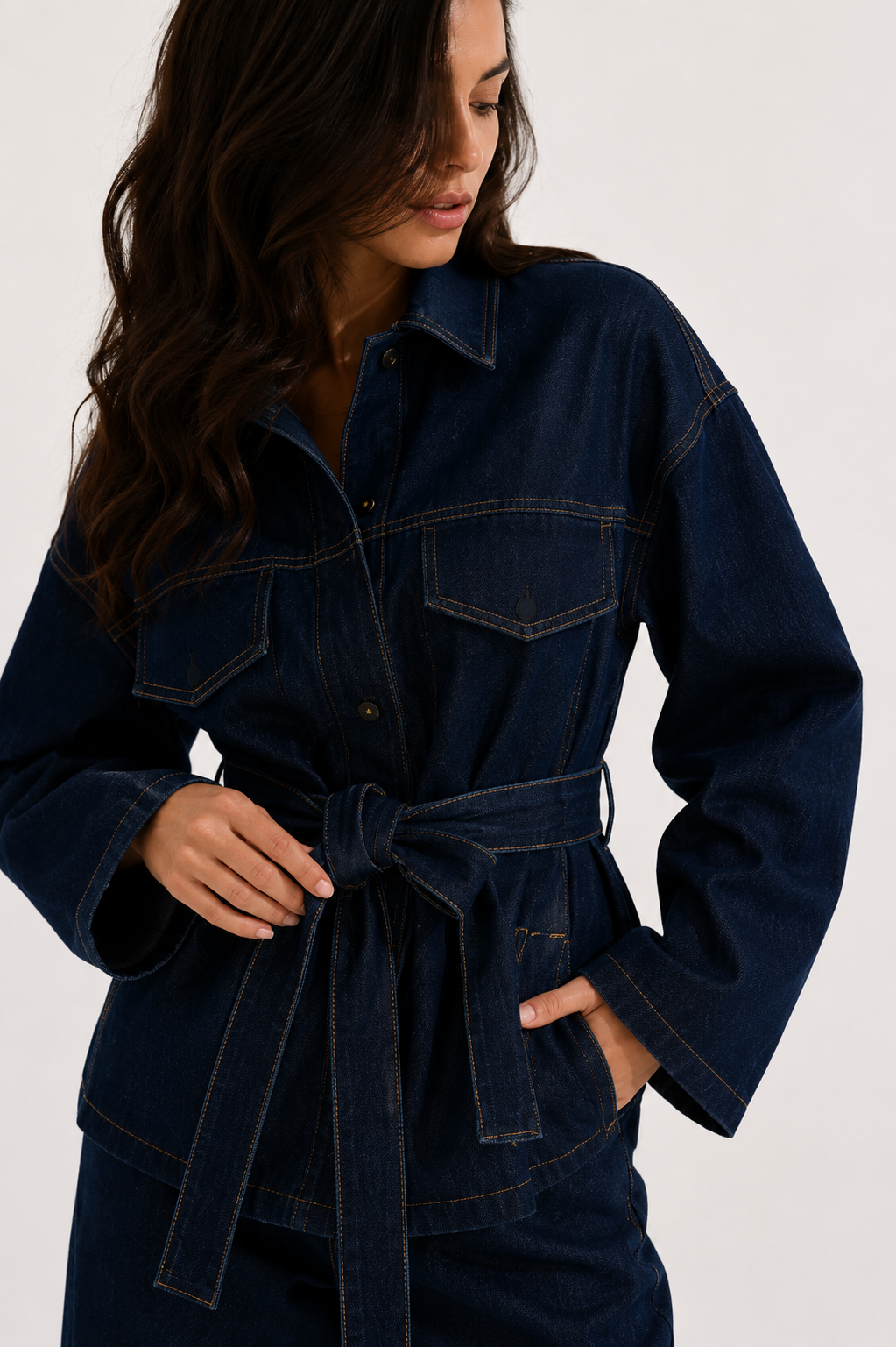 Belted Denim Safari Jacket and Wide-Leg Trouser Set