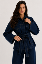 Belted Denim Safari Jacket and Wide-Leg Trouser Set