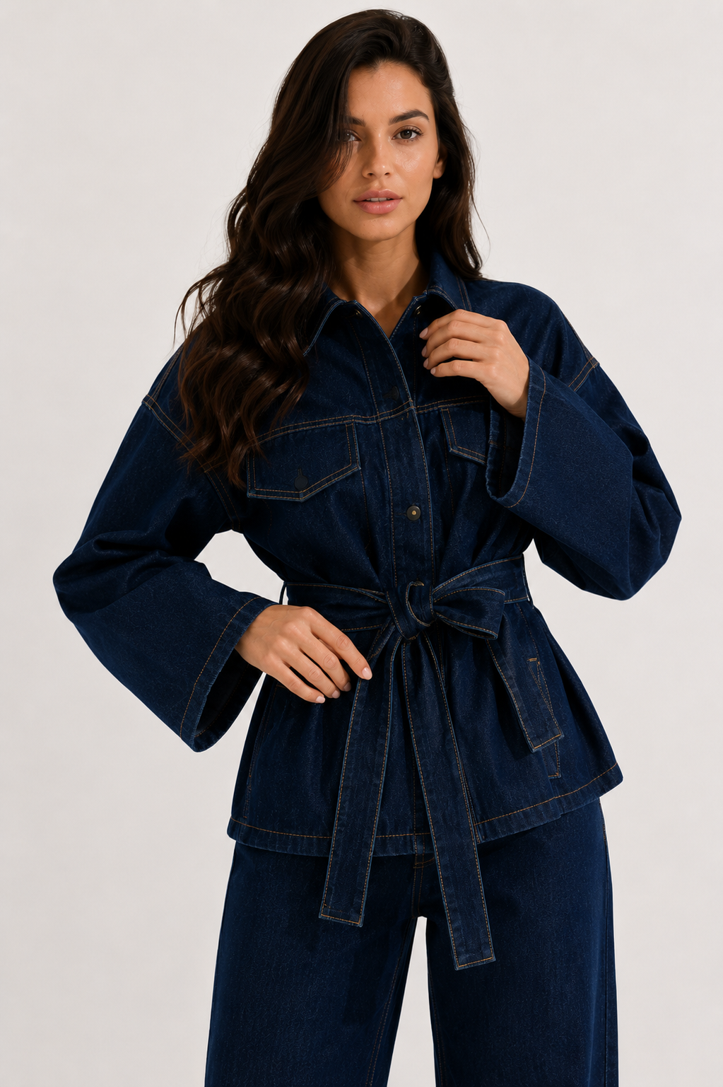Belted Denim Safari Jacket and Wide-Leg Trouser Set
