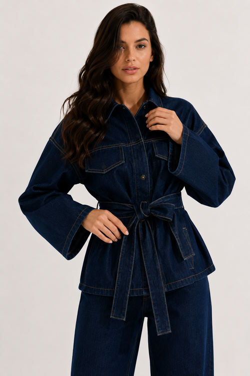 Belted Denim Safari Jacket and Wide-Leg Trouser Set