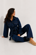Belted Denim Safari Jacket and Wide-Leg Trouser Set
