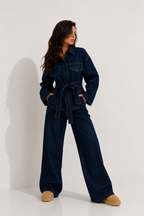 Belted Denim Safari Jacket and Wide-Leg Trouser Set
