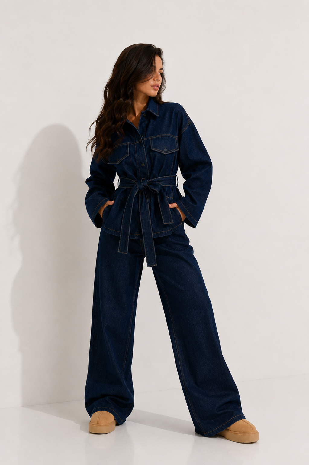 Belted Denim Safari Jacket and Wide-Leg Trouser Set