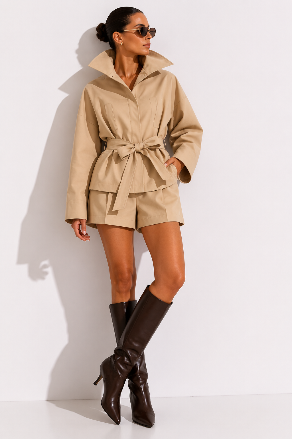 High-Neck Belted Jacket and Pleated Shorts Co-ord
