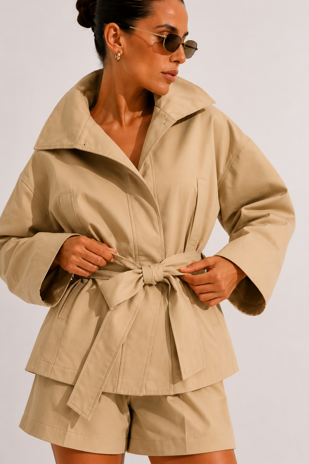 High-Neck Belted Jacket and Pleated Shorts Co-ord
